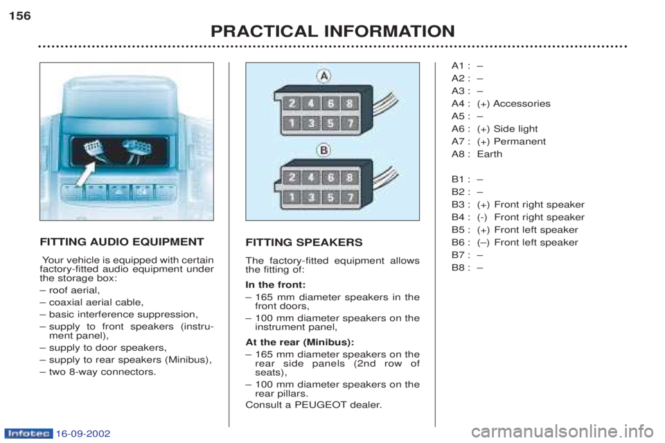PEUGEOT BOXER 2002 Owners Manual 16-09-2002
PRACTICAL INFORMATION
156
FITTING AUDIO EQUIPMENT
Y our vehicle is equipped with certain
factory-fitted audio equipment under the storage box: Ð roof aerial,
Ð coaxial aerial cable,
Ð ba PEUGEOT BOXER 2002 Owners Manual 16-09-2002
PRACTICAL INFORMATION
156
FITTING AUDIO EQUIPMENT
Y our vehicle is equipped with certain
factory-fitted audio equipment under the storage box: Ð roof aerial,
Ð coaxial aerial cable,
Ð ba