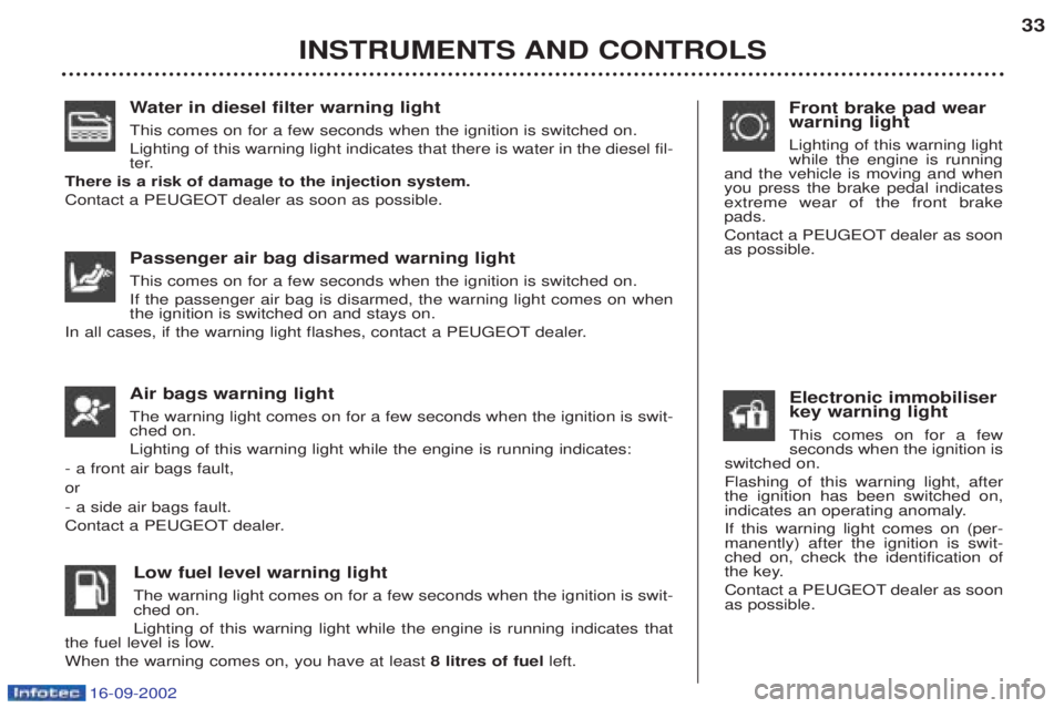 PEUGEOT BOXER 2002 Owners Manual 16-09-2002
Water in diesel filter warning light
This comes on for a few seconds when the ignition is switched on. Lighting of this warning light indicates that there is water in the diesel fil- 
ter.
