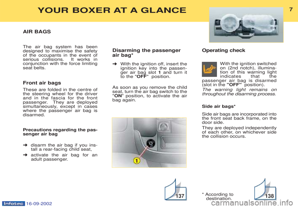 PEUGEOT BOXER 2002 Owners Manual 16-09-2002
Operating checkWith the ignition switched on (2nd notch), illumina-tion of this warning lightindicates that the
passenger air bag is disarmed(slot in the "OFF" position).
The warning light PEUGEOT BOXER 2002 Owners Manual 16-09-2002
Operating checkWith the ignition switched on (2nd notch), illumina-tion of this warning lightindicates that the
passenger air bag is disarmed(slot in the "OFF" position).
The warning light
