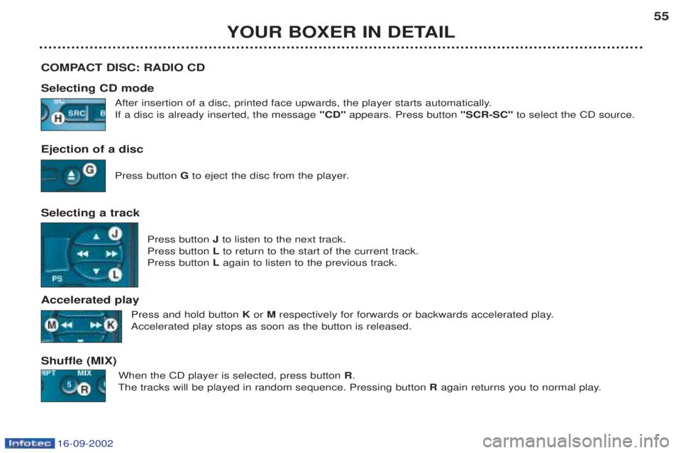PEUGEOT BOXER 2002 Workshop Manual 16-09-2002
YOUR BOXER IN DETAIL55
COMPACT DISC: RADIO CD Selecting CD mode After insertion of a disc, printed face upwards, the player starts automatically. If a disc is already inserted, the message 