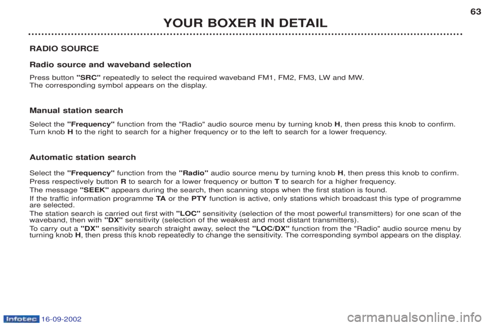 PEUGEOT BOXER 2002 Workshop Manual 16-09-2002
YOUR BOXER IN DETAIL63
RADIO SOURCE Radio source and waveband selection Press button  "SRC" repeatedly to select the required waveband FM1, FM2, FM3, LW and MW.
The corresponding symbol app