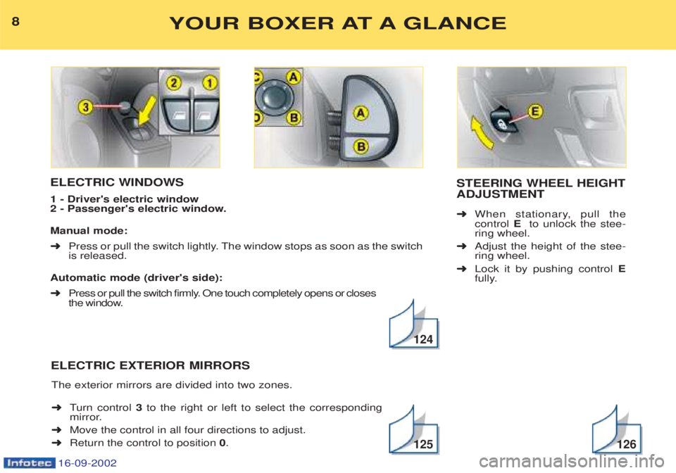 PEUGEOT BOXER 2002 Owners Manual 16-09-2002
ELECTRIC WINDOWS 1 - Drivers electric window
2 - Passengers electric window. Manual mode: ➜Press or pull the switch lightly. The window stops as soon as the switch
is released.
Auto PEUGEOT BOXER 2002 Owners Manual 16-09-2002
ELECTRIC WINDOWS 1 - Drivers electric window
2 - Passengers electric window. Manual mode: ➜Press or pull the switch lightly. The window stops as soon as the switch
is released.
Auto