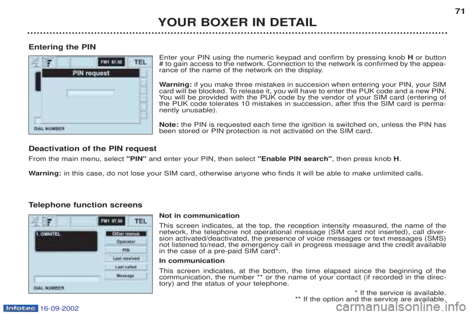 PEUGEOT BOXER 2002 Repair Manual 16-09-2002
YOUR BOXER IN DETAIL71
Entering the PIN Enter your PIN using the numeric keypad and confirm by pressing knob Hor button
# to gain access to the network. Connection to the network is confir PEUGEOT BOXER 2002 Repair Manual 16-09-2002
YOUR BOXER IN DETAIL71
Entering the PIN Enter your PIN using the numeric keypad and confirm by pressing knob Hor button
# to gain access to the network. Connection to the network is confir