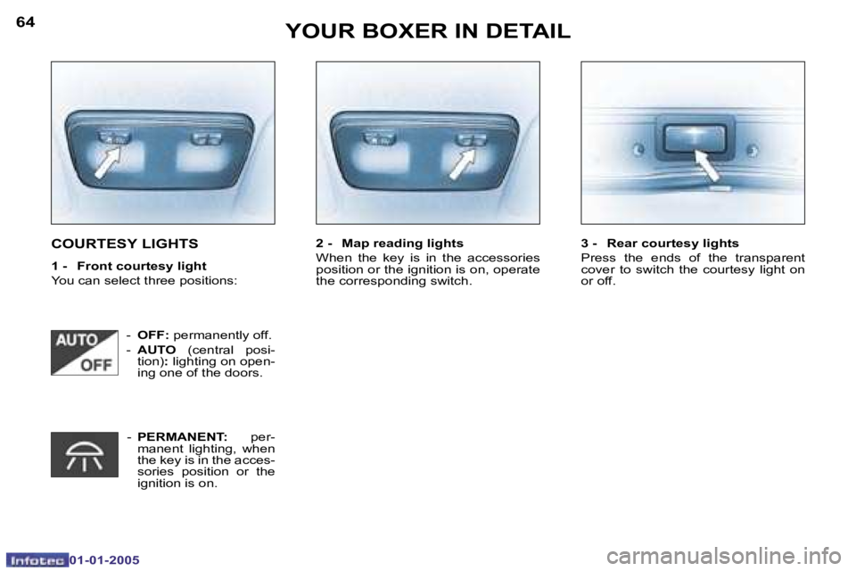 PEUGEOT BOXER DAG 2005  Owners Manual �6�4
�0�1�-�0�1�-�2�0�0�5
�6�5
�0�1�-�0�1�-�2�0�0�5
�C�O�U�R�T�E�S�Y� �L�I�G�H�T�S
�1� �-�  �F�r�o�n�t� �c�o�u�r�t�e�s�y� �l�i�g�h�t 
�Y�o�u� �c�a�n� �s�e�l�e�c�t� �t�h�r�e�e� �p�o�s�i�t�i�o�n�s�:�2� 