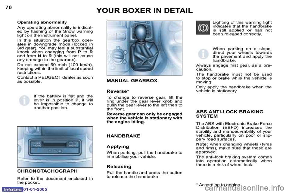 PEUGEOT BOXER DAG 2005  Owners Manual �7�0
�0�1�-�0�1�-�2�0�0�5
�7�1
�0�1�-�0�1�-�2�0�0�5
�A�B�S� �A�N�T�I�-�L�O�C�K� �B�R�A�K�I�N�G�  
�S�Y�S�T�E�M
�T�h�e� �A�B�S� �w�i�t�h� �E�l�e�c�t�r�o�n�i�c� �B�r�a�k�e� �F�o�r�c�e�  
�D�i�s�t�r�i�b�