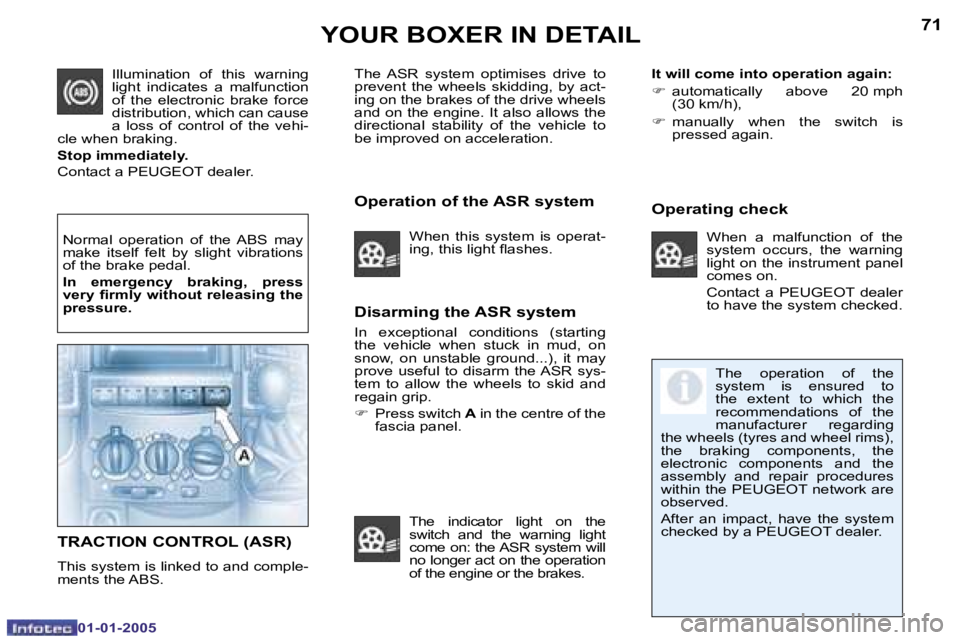 PEUGEOT BOXER DAG 2005  Owners Manual �7�0
�0�1�-�0�1�-�2�0�0�5
�7�1
�0�1�-�0�1�-�2�0�0�5
�D�i�s�a�r�m�i�n�g� �t�h�e� �A�S�R� �s�y�s�t�e�m
�I�n�  �e�x�c�e�p�t�i�o�n�a�l�  �c�o�n�d�i�t�i�o�n�s�  �(�s�t�a�r�t�i�n�g�  
�t�h�e�  �v�e�h�i�c�l�