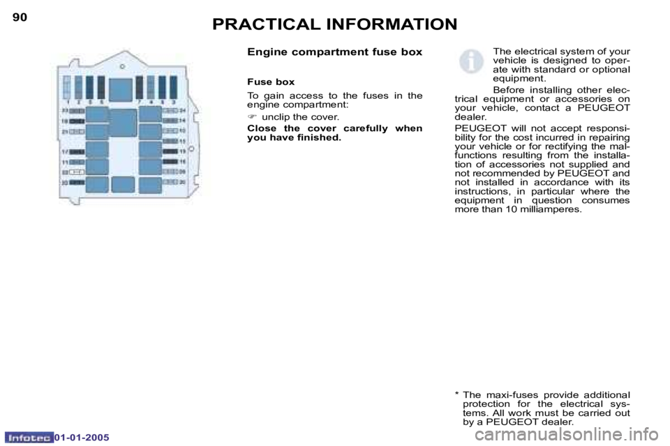 PEUGEOT BOXER DAG 2005  Owners Manual �9�0
�0�1�-�0�1�-�2�0�0�5
�9�1
�0�1�-�0�1�-�2�0�0�5
�E�n�g�i�n�e� �c�o�m�p�a�r�t�m�e�n�t� �f�u�s�e� �b�o�x
�F�u�s�e� �b�o�x 
�T�o�  �g�a�i�n�  �a�c�c�e�s�s�  �t�o�  �t�h�e�  �f�u�s�e�s�  �i�n�  �t�h�e