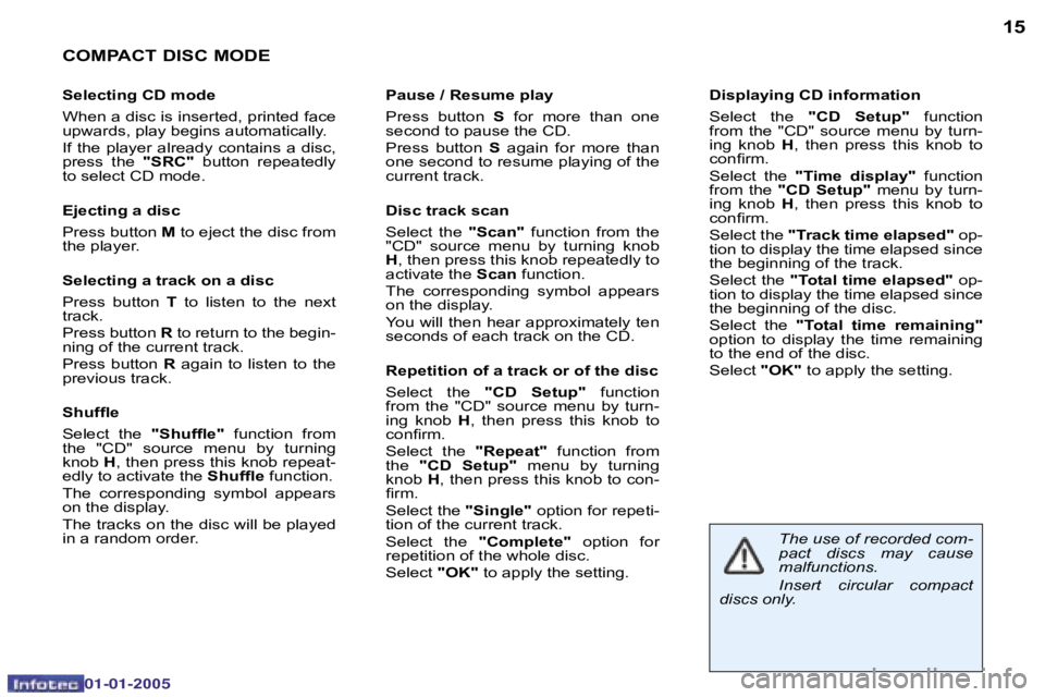 PEUGEOT BOXER DAG 2005 Owners Manual �1�4
�0�2�-�0�8�-�2�0�0�4
�1�5
�C�O�M�P�A�C�T� �D�I�S�C� �M�O�D�E
�S�e�l�e�c�t�i�n�g� �C�D� �m�o�d�e 
�W�h�e�n� �a� �d�i�s�c� �i�s� �i�n�s�e�r�t�e�d�,� �p�r�i�n�t�e�d� �f�a�c�e�  
�u�p�w�a�r�d�s�,� �p