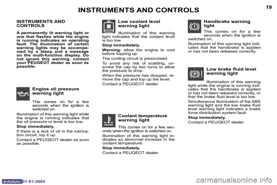 PEUGEOT BOXER DAG 2005 Workshop Manual �1�8
�0�1�-�0�1�-�2�0�0�5
�1�9
�0�1�-�0�1�-�2�0�0�5
�I�N�S�T�R�U�M�E�N�T�S� �A�N�D�  
�C�O�N�T�R�O�L�S
�A�  �p�e�r�m�a�n�e�n�t�l�y�  �l�i�t�  �w�a�r�n�i�n�g�  �l�i�g�h�t�  �o�r�  
�o�n�e�  �t�h�a�t�  