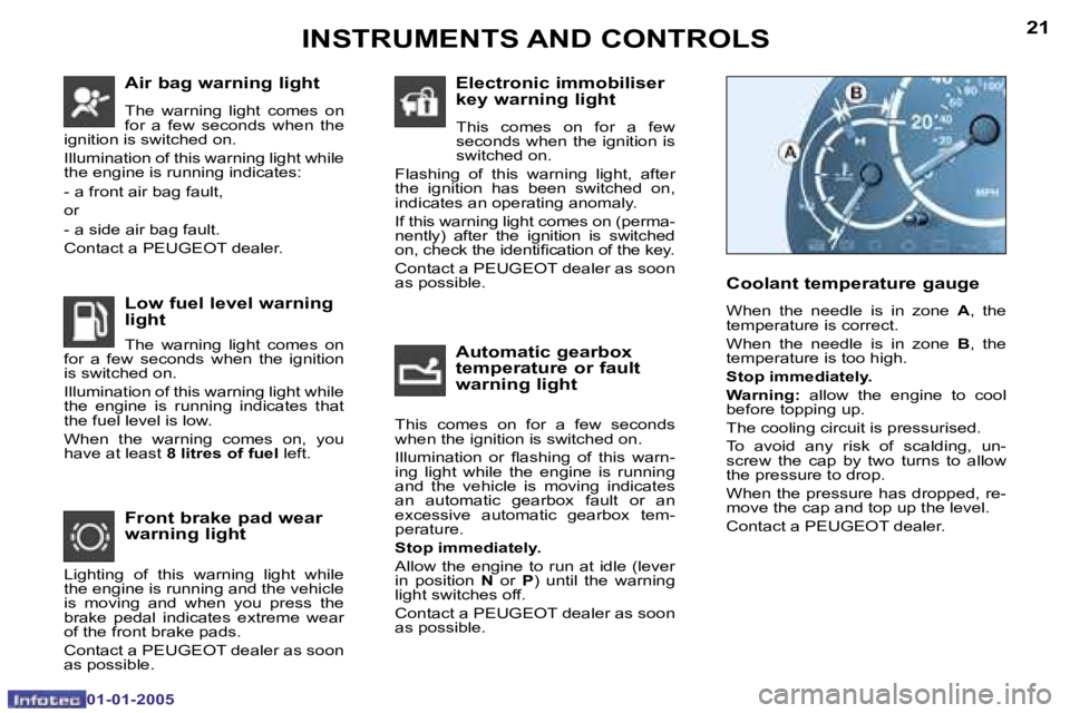 PEUGEOT BOXER DAG 2005 Workshop Manual �2�0
�0�1�-�0�1�-�2�0�0�5
�2�1
�0�1�-�0�1�-�2�0�0�5
�A�i�r� �b�a�g� �w�a�r�n�i�n�g� �l�i�g�h�t
�T�h�e�  �w�a�r�n�i�n�g�  �l�i�g�h�t�  �c�o�m�e�s�  �o�n�  
�f�o�r�  �a�  �f�e�w�  �s�e�c�o�n�d�s�  �w�h�