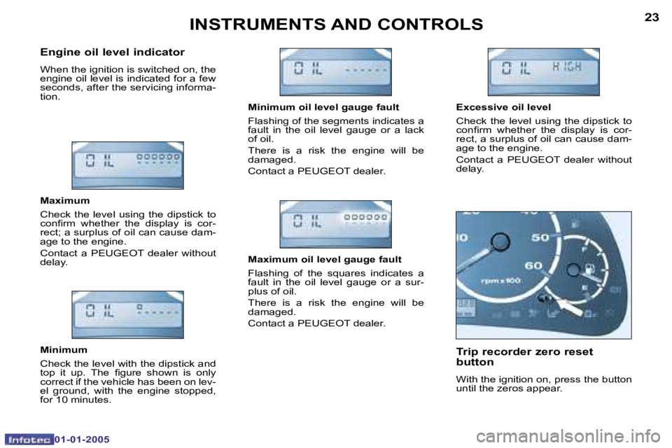 PEUGEOT BOXER DAG 2005 Repair Manual �2�2
�0�1�-�0�1�-�2�0�0�5
�2�3
�0�1�-�0�1�-�2�0�0�5
�E�n�g�i�n�e� �o�i�l� �l�e�v�e�l� �i�n�d�i�c�a�t�o�r
�W�h�e�n� �t�h�e� �i�g�n�i�t�i�o�n� �i�s� �s�w�i�t�c�h�e�d� �o�n�,� �t�h�e�  
�e�n�g�i�n�e� �o�