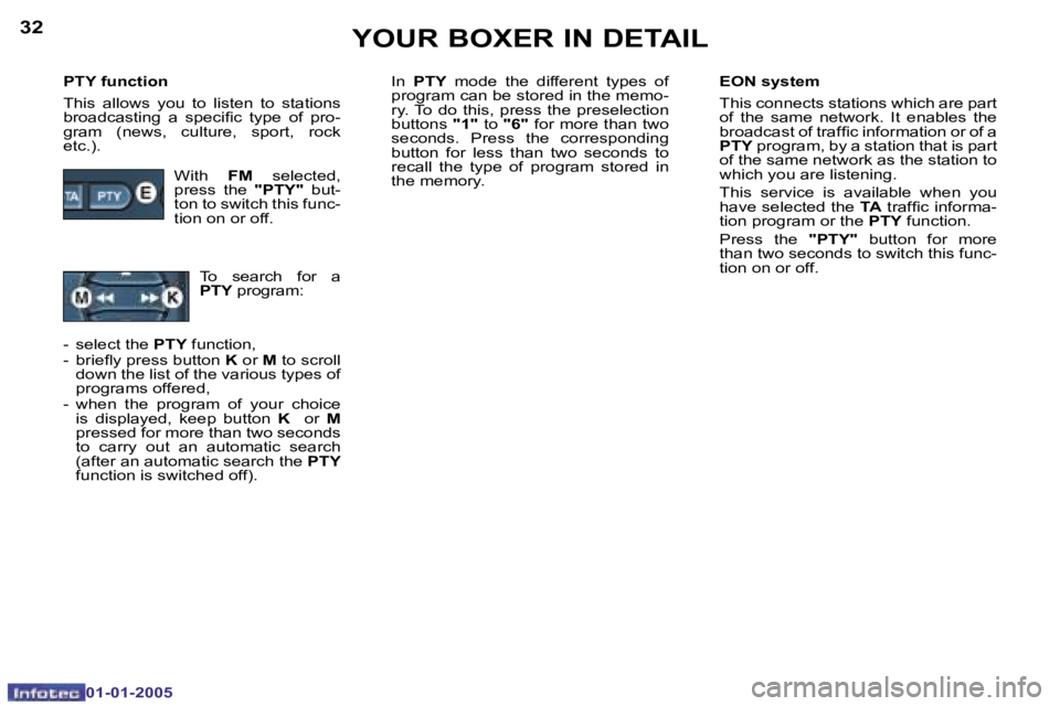 PEUGEOT BOXER DAG 2005 Repair Manual �3�2
�0�1�-�0�1�-�2�0�0�5
�3�3
�0�1�-�0�1�-�2�0�0�5
�P�T�Y� �f�u�n�c�t�i�o�n 
�T�h�i�s�  �a�l�l�o�w�s�  �y�o�u�  �t�o�  �l�i�s�t�e�n�  �t�o�  �s�t�a�t�i�o�n�s�  
�b�r�o�a�d�c�a�s�t�i�n�g�  �a�  �s�p�e