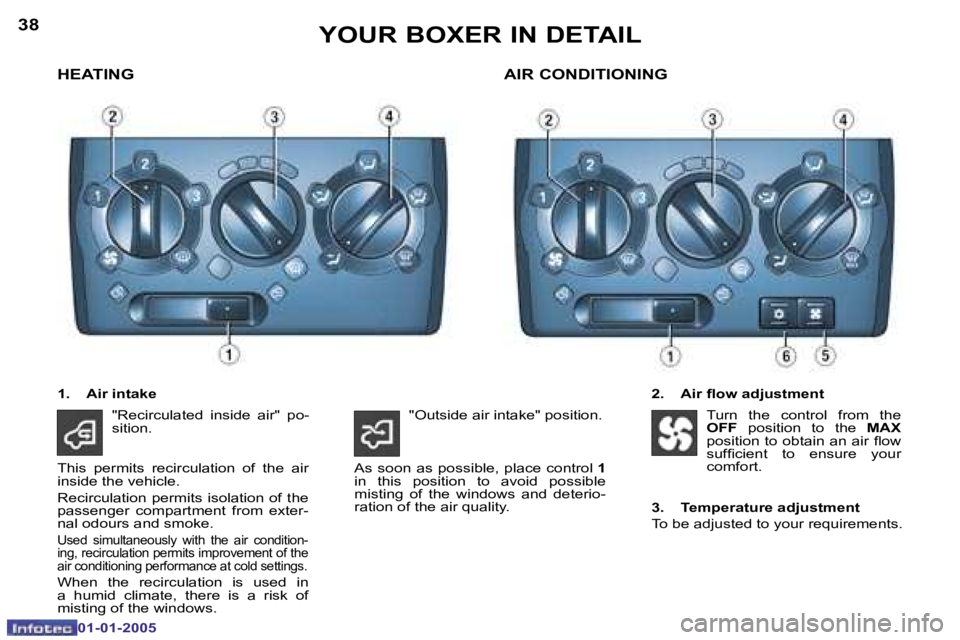 PEUGEOT BOXER DAG 2005 Manual PDF �3�8
�0�1�-�0�1�-�2�0�0�5
�3�9
�0�1�-�0�1�-�2�0�0�5
�H�E�A�T�I�N�G
�2�.�  �A�i�r� �l�o�w� �a�d�j�u�s�t�m�e�n�t
�A�I�R� �C�O�N�D�I�T�I�O�N�I�N�G
�1�.�  �A�i�r� �i�n�t�a�k�e
�"�R�e�c�i�r�c�u�l�a�t�e