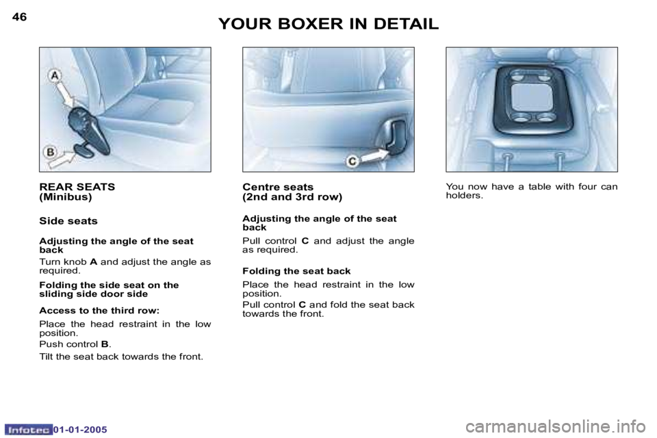 PEUGEOT BOXER DAG 2005 Manual Online �4�6
�0�1�-�0�1�-�2�0�0�5
�4�7
�0�1�-�0�1�-�2�0�0�5
�R�E�A�R� �S�E�A�T�S�  
�(�M�i�n�i�b�u�s�)
�S�i�d�e� �s�e�a�t�s
�A�d�j�u�s�t�i�n�g� �t�h�e� �a�n�g�l�e� �o�f� �t�h�e� �s�e�a�t�  
�b�a�c�k 
�T�u�r�n