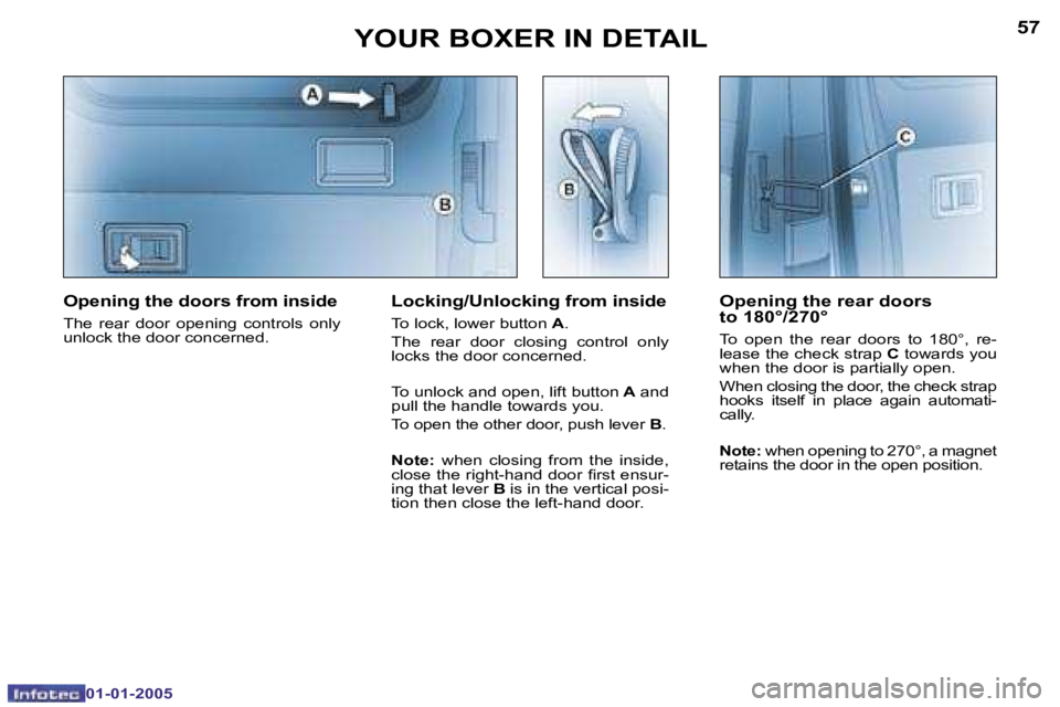 PEUGEOT BOXER DAG 2005  Owners Manual �5�6
�0�1�-�0�1�-�2�0�0�5
�5�7
�0�1�-�0�1�-�2�0�0�5
�O�p�e�n�i�n�g� �t�h�e� �r�e�a�r� �d�o�o�r�s 
�t�o� �1�8�0�°�/�2�7�0�°
�T�o�  �o�p�e�n�  �t�h�e�  �r�e�a�r�  �d�o�o�r�s�  �t�o�  �1�8�0�°�,�  �r�