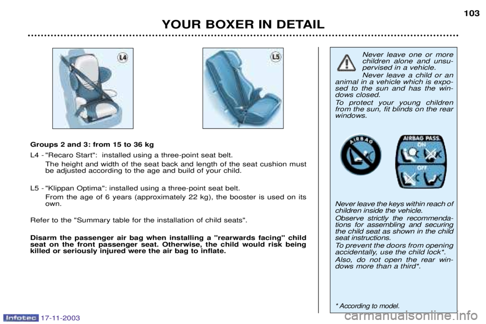 PEUGEOT BOXER DAG 2003  Owners Manual 17-11-2003
YOUR BOXER IN DETAIL103
Never leave one or more children alone and unsu-pervised in a vehicle. Never leave a child or an
animal in a vehicle which is expo- sed to the sun and has the win-do