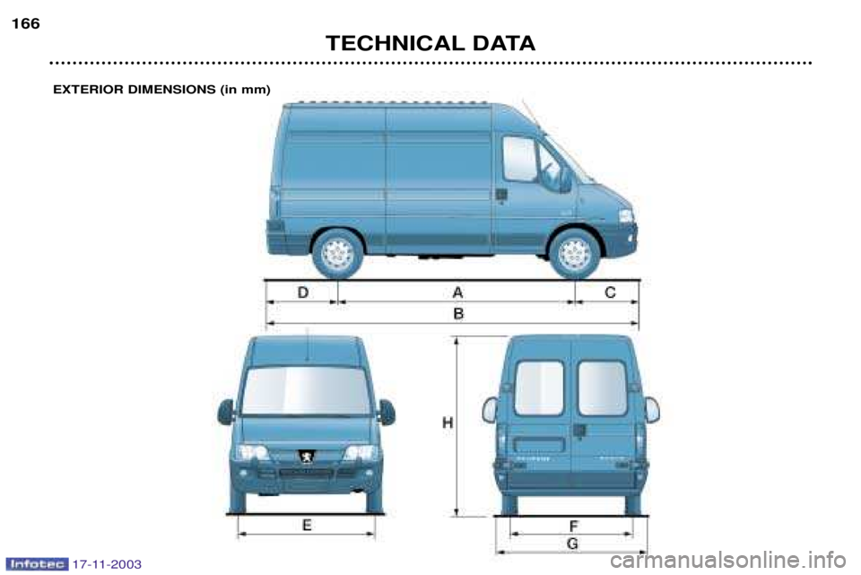 PEUGEOT BOXER DAG 2003 Owners Manual TECHNICAL DATA
166
EXTERIOR DIMENSIONS (in mm)
17-11-2003 PEUGEOT BOXER DAG 2003 Owners Manual TECHNICAL DATA
166
EXTERIOR DIMENSIONS (in mm)
17-11-2003