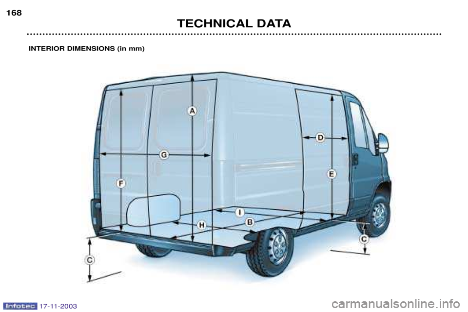 PEUGEOT BOXER DAG 2003 Owners Manual TECHNICAL DATA
168
INTERIOR DIMENSIONS (in mm)
17-11-2003 PEUGEOT BOXER DAG 2003 Owners Manual TECHNICAL DATA
168
INTERIOR DIMENSIONS (in mm)
17-11-2003