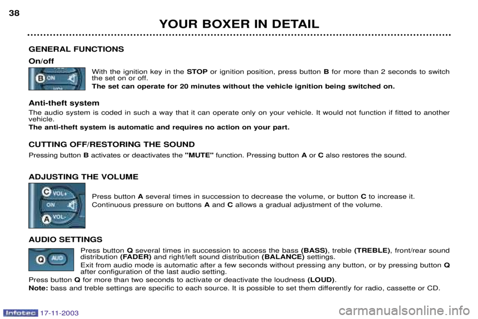 PEUGEOT BOXER DAG 2003 Owners Guide 17-11-2003
YOUR BOXER IN DETAIL
38
GENERAL FUNCTIONS On/off With the ignition key in the  STOPor ignition position, press button  Bfor more than 2 seconds to switch
the set on or off. The set can oper