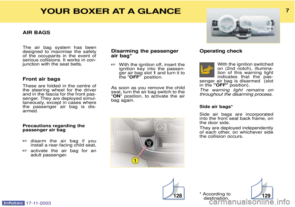 PEUGEOT BOXER DAG 2003  Owners Manual 17-11-2003
Operating checkWith the ignition switched on (2nd notch), illumina-tion of this warning lightindicates that the pas-
senger air bag is disarmed  (slotin the  "OFF"  position).
The warning l