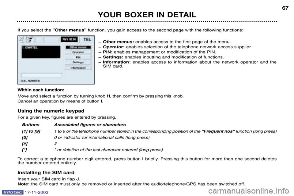PEUGEOT BOXER DAG 2003 Repair Manual YOUR BOXER IN DETAIL67
If you select the  "Other menus" function, you gain access to the second page with the following functions:
Ð Other menus: enables access to the first page of the menu.
Ð Oper