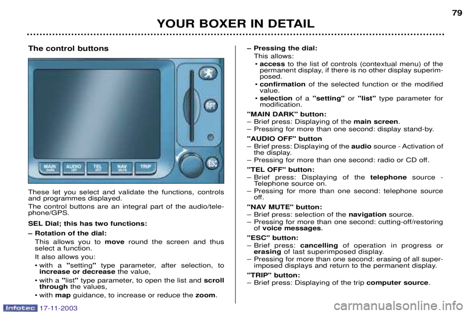 PEUGEOT BOXER DAG 2003 Manual PDF 17-11-2003
YOUR BOXER IN DETAIL79
The control buttons These let you select and validate the functions, controls and programmes displayed.  The control buttons are an integral part of the audio/tele- p