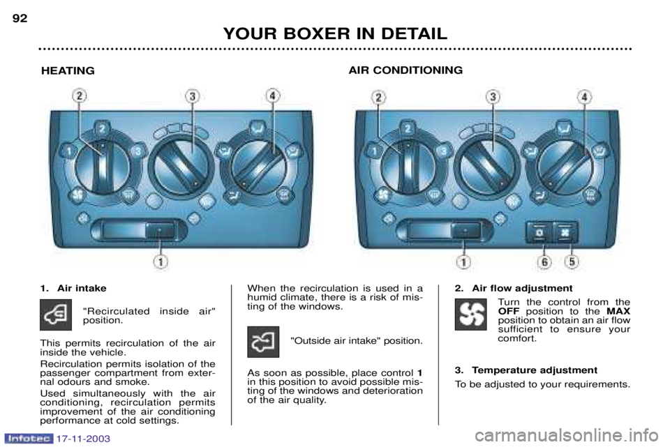 PEUGEOT BOXER DAG 2003  Owners Manual YOUR BOXER IN DETAIL
92
HEATING AIR CONDITIONING
1. Air intake
"Recirculated inside air" position.
This permits recirculation of the airinside the vehicle. Recirculation permits isolation of the passe
