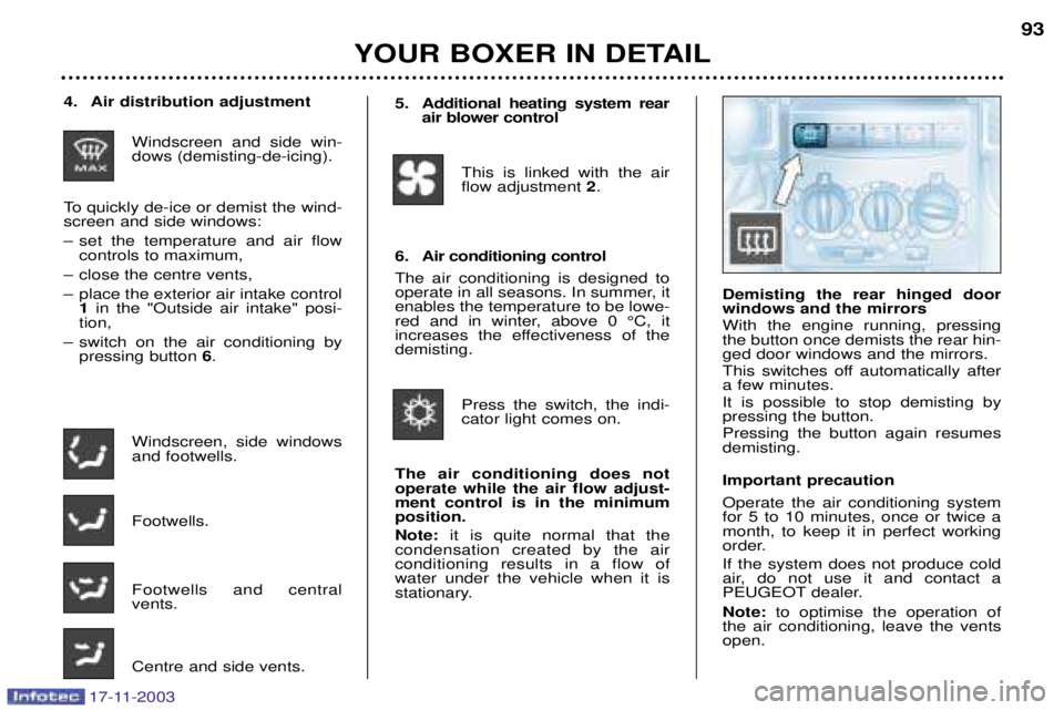 PEUGEOT BOXER DAG 2003  Owners Manual YOUR BOXER IN DETAIL93
4. Air distribution adjustment
Windscreen and side win- dows (demisting-de-icing).
To quickly de-ice or demist the wind-screen and side windows: Ð set the temperature and air f
