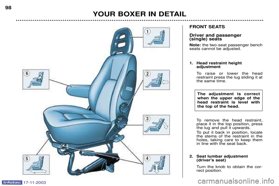 PEUGEOT BOXER DAG 2003  Owners Manual 17-11-2003
FRONT SEATS  Driver and passenger  (single) seats Note: the two-seat passenger bench
seats cannot be adjusted. 
1. Head restraint height  adjustment 
To raise or lower the head restraint pr