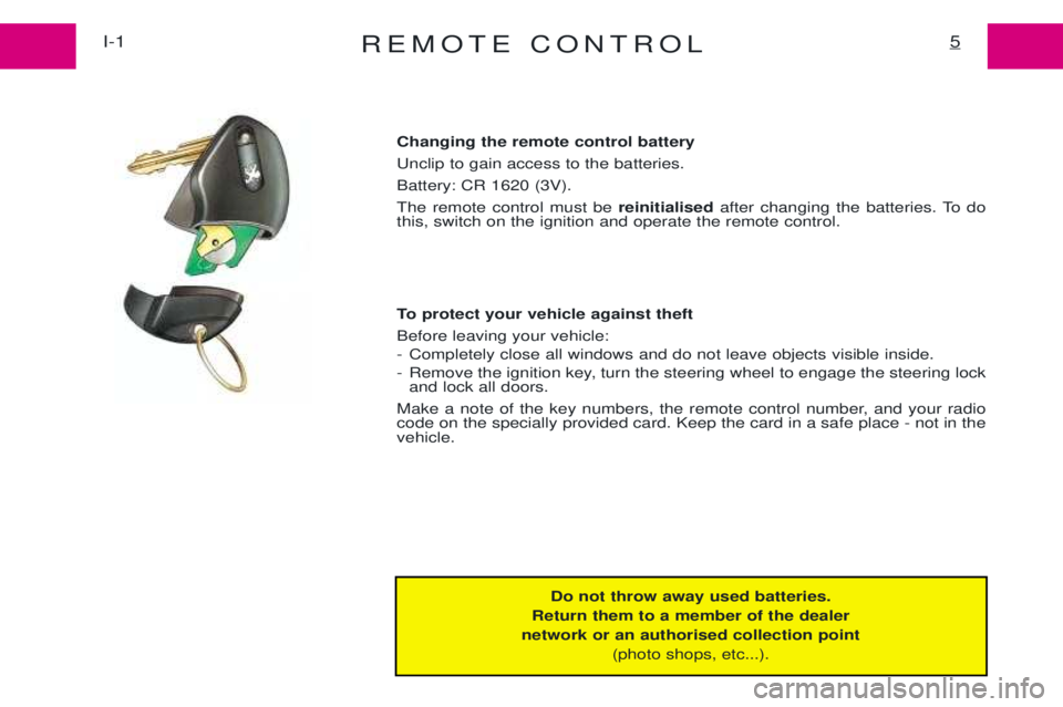 PEUGEOT EXPERT 2001  Owners Manual REMOTE CONTROL5I-1
Do not throw away used batteries.
Return them to a member of the dealer
network or an authorised collection point (photo shops, etc...).
Changing the remote control battery  Unclip 