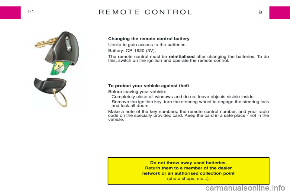 PEUGEOT EXPERT 2001  Owners Manual REMOTE CONTROL5I-1
Do not throw away used batteries.
Return them to a member of the dealer
network or an authorised collection point (photo shops, etc...).
Changing the remote control battery  Unclip 