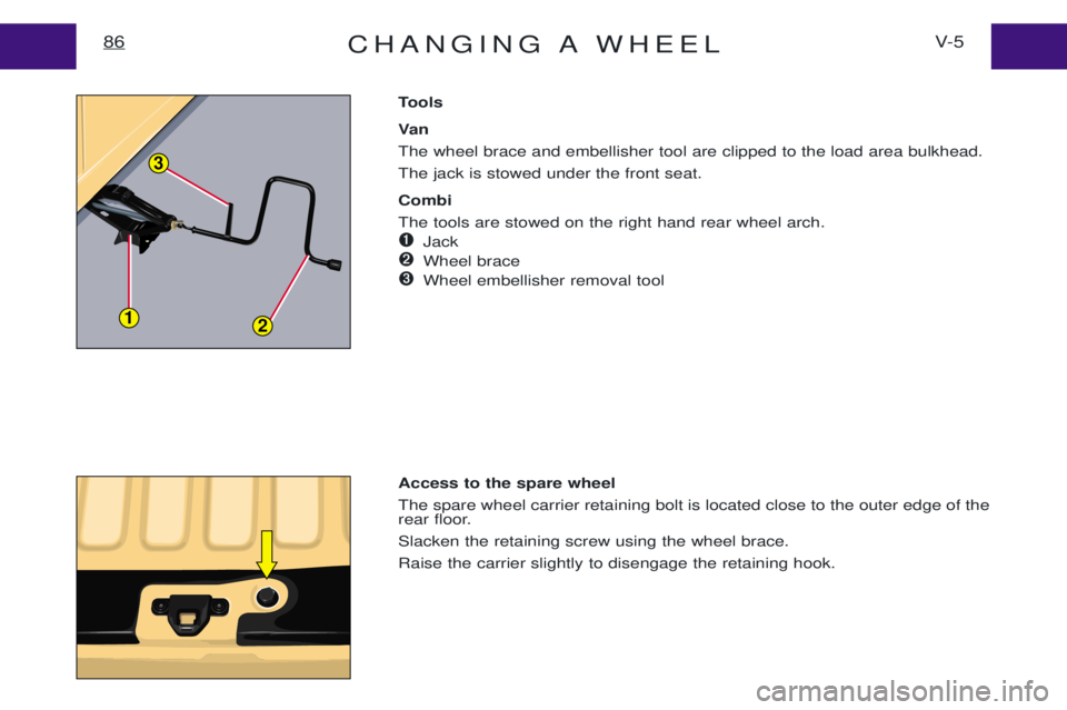 PEUGEOT EXPERT 2001  Owners Manual CHANGING A WHEELV- 5
86
Tools 
Va n The wheel brace and embellisher tool are clipped to the load area bulkhead.The jack is stowed under the front seat. Combi The tools are stowed on the right hand rea