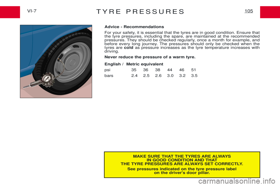 PEUGEOT EXPERT 2001 Owners Manual TYRE PRESSURES105VI-7
MAKE SURE THAT THE TYRES ARE ALWAYSIN GOOD CONDITION AND THAT
THE TYRE PRESSURES ARE ALWAYS SET CORRECTLY.
See pressures indicated on the tyre pressure label on the drivers door PEUGEOT EXPERT 2001 Owners Manual TYRE PRESSURES105VI-7
MAKE SURE THAT THE TYRES ARE ALWAYSIN GOOD CONDITION AND THAT
THE TYRE PRESSURES ARE ALWAYS SET CORRECTLY.
See pressures indicated on the tyre pressure label on the drivers door