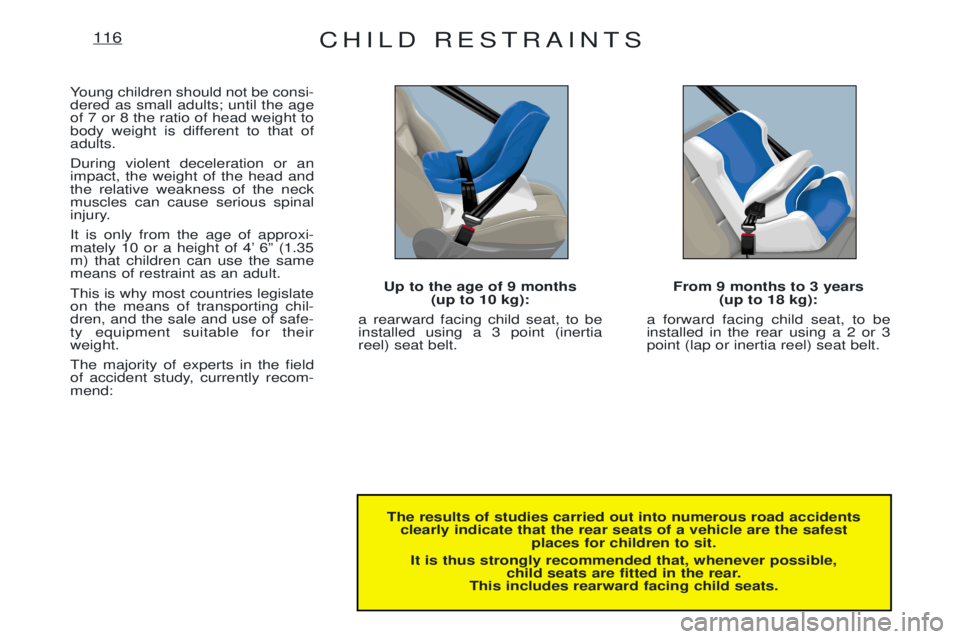PEUGEOT EXPERT 2001 User Guide CHILD RESTRAINTS116
The results of studies carried out into numerous road accidentsclearly indicate that the rear seats of a vehicle are the safest places for children to sit.
It is thus strongly reco PEUGEOT EXPERT 2001 User Guide CHILD RESTRAINTS116
The results of studies carried out into numerous road accidentsclearly indicate that the rear seats of a vehicle are the safest places for children to sit.
It is thus strongly reco
