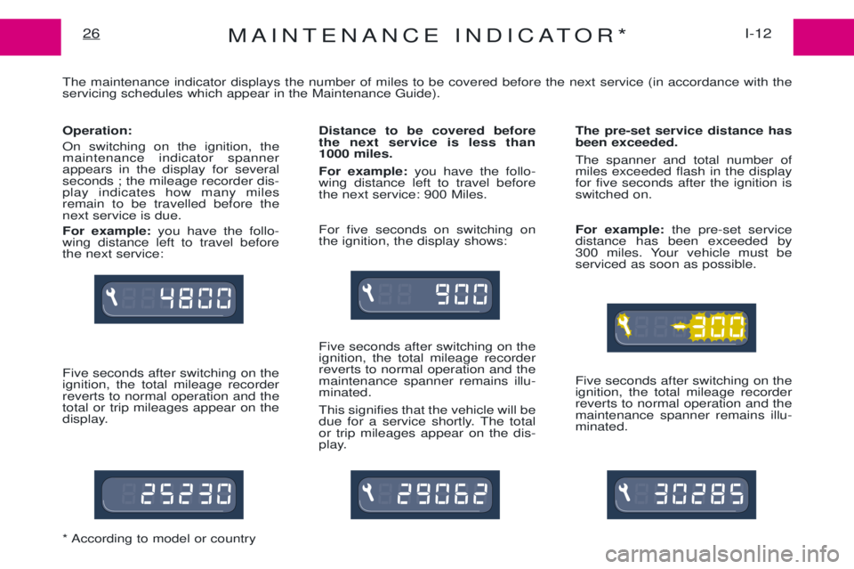 PEUGEOT EXPERT 2001 Owners Manual MAINTENANCE INDICATOR*I-12
26
The maintenance indicator displays the number of miles to be covered before the next service (in accordance with the servicing schedules which appear in the Maintenance G PEUGEOT EXPERT 2001 Owners Manual MAINTENANCE INDICATOR*I-12
26
The maintenance indicator displays the number of miles to be covered before the next service (in accordance with the servicing schedules which appear in the Maintenance G