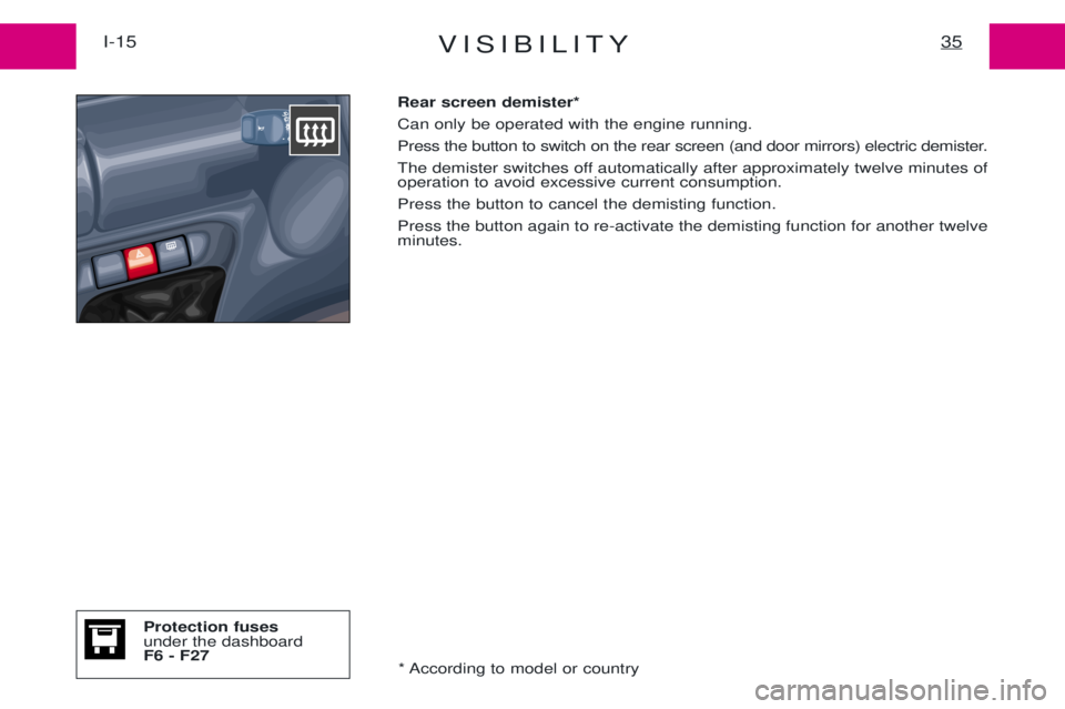 PEUGEOT EXPERT 2001 Owners Guide VISIBILITY35I-15Rear screen demister* Can only be operated with the engine running.
Press the button to switch on the rear screen (and door mirrors) electric demister.
The demister switches off automa