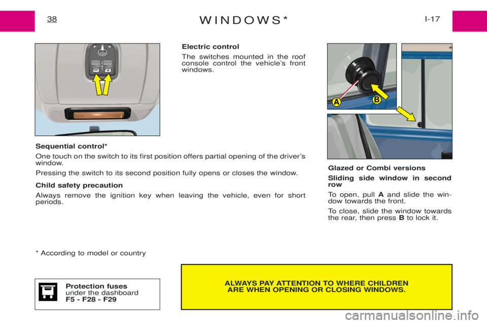 PEUGEOT EXPERT 2001 Owners Guide WINDOWS*I-17
38
AB
Electric control The switches mounted in the roof 
console control the vehicleÕs frontwindows.
ALWAYS PAY ATTENTION TO WHERE CHILDREN
ARE WHEN OPENING OR CLOSING WINDOWS.
Sequentia