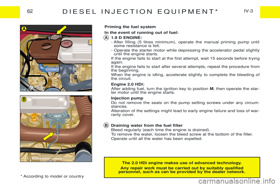PEUGEOT EXPERT 2001 Service Manual DIESEL INJECTION EQUIPMENT*IV-3
62
The 2.0 HDi engine makes use of advanced technology.
Any repair work must be carried out by suitably qualified
personnel, such as can be provided by the dealer netwo PEUGEOT EXPERT 2001 Service Manual DIESEL INJECTION EQUIPMENT*IV-3
62
The 2.0 HDi engine makes use of advanced technology.
Any repair work must be carried out by suitably qualified
personnel, such as can be provided by the dealer netwo