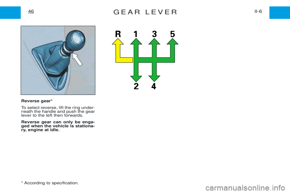 PEUGEOT EXPERT 2001 Workshop Manual GEAR LEVERII-6
46
Reverse gear*
To select reverse, lift the ring under- neath the handle and push the gearlever to the left then forwards. Reverse gear can only be enga- ged when the vehicle is stati PEUGEOT EXPERT 2001 Workshop Manual GEAR LEVERII-6
46
Reverse gear*
To select reverse, lift the ring under- neath the handle and push the gearlever to the left then forwards. Reverse gear can only be enga- ged when the vehicle is stati