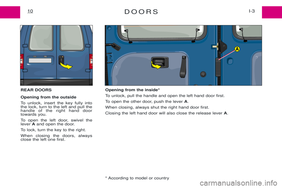 PEUGEOT EXPERT 2001  Owners Manual DOORSI-3
10
REAR DOORS Opening from the outside  
To unlock, insert the key fully into the lock, turn to the left and pull thehandle of the right hand doortowards you. 
To open the left door, swivel t