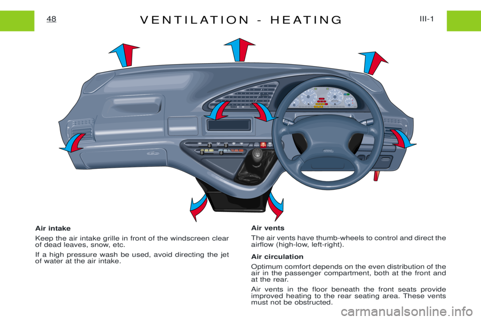 PEUGEOT EXPERT 2001 Repair Manual VENTILATION - HEATINGIII-1
48
Air intake Keep the air intake grille in front of the windscreen clear
of dead leaves, snow, etc. If a high pressure wash be used, avoid directing the jet of water at th PEUGEOT EXPERT 2001 Repair Manual VENTILATION - HEATINGIII-1
48
Air intake Keep the air intake grille in front of the windscreen clear
of dead leaves, snow, etc. If a high pressure wash be used, avoid directing the jet of water at th
