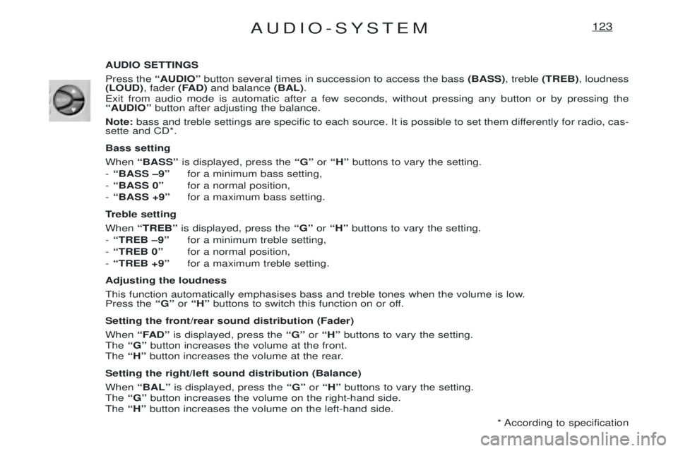PEUGEOT EXPERT 2001 Manual PDF AUDIO-SYSTEM123
AUDIO SETTINGS Press the ÒAUDIOÓbutton several times in succession to access the bass (BASS), treble (TREB) , loudness
(LOUD) , fader (FAD)and balance (BAL).
Exit from audio mode i PEUGEOT EXPERT 2001 Manual PDF AUDIO-SYSTEM123
AUDIO SETTINGS Press the ÒAUDIOÓbutton several times in succession to access the bass (BASS), treble (TREB) , loudness
(LOUD) , fader (FAD)and balance (BAL).
Exit from audio mode i