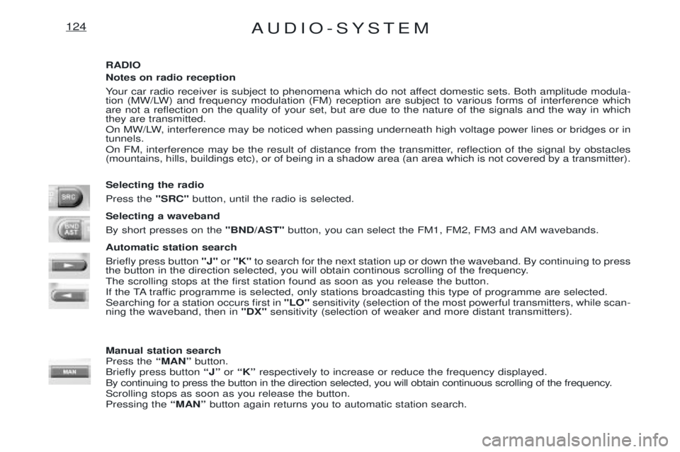 PEUGEOT EXPERT 2001 Manual PDF AUDIO-SYSTEM124
RADIO Notes on radio reception
Your car radio receiver is subject to phenomena which do not affect domestic sets. Both amplitude modula-
tion (MW/LW) and frequency modulation (FM) re PEUGEOT EXPERT 2001 Manual PDF AUDIO-SYSTEM124
RADIO Notes on radio reception
Your car radio receiver is subject to phenomena which do not affect domestic sets. Both amplitude modula-
tion (MW/LW) and frequency modulation (FM) re