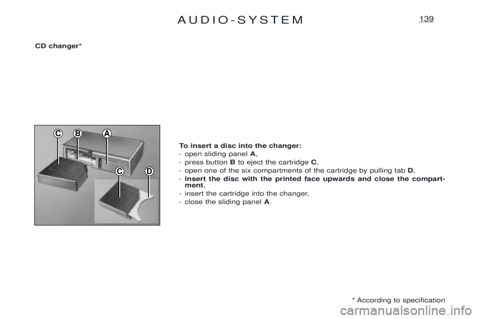 PEUGEOT EXPERT 2001 Manual Online AUDIO-SYSTEM139
CD
C
CD changer** According to specification
To insert a disc into the changer:
- open sliding panel
A,
- press button Bto eject the cartridge C,
- open one of the six compartments PEUGEOT EXPERT 2001 Manual Online AUDIO-SYSTEM139
CD
C
CD changer** According to specification
To insert a disc into the changer:
- open sliding panel
A,
- press button Bto eject the cartridge C,
- open one of the six compartments