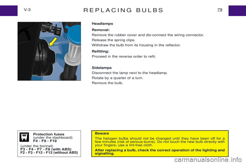 PEUGEOT EXPERT 2001  Owners Manual REPLACING BULBS79V- 3
Beware 
The halogen bulbs should not be changed until they have been off for a few minutes (risk of serious burns). Do not touch the new bulb directly withyour fingers; use a lin