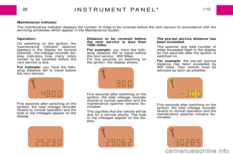 PEUGEOT EXPERT DAG 2001 Owners Manual INSTRUMENT PANEL*I-12
28
Maintenance indicator The maintenance indicator displays the number of miles to be covered before the next service (in accordance with the servicing schedules which appear in PEUGEOT EXPERT DAG 2001 Owners Manual INSTRUMENT PANEL*I-12
28
Maintenance indicator The maintenance indicator displays the number of miles to be covered before the next service (in accordance with the servicing schedules which appear in