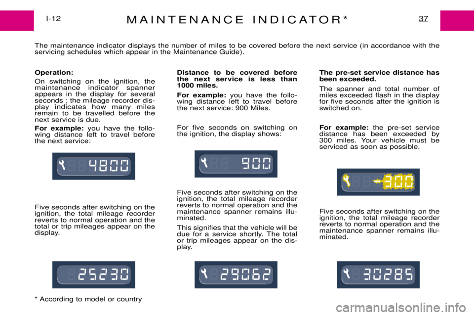 PEUGEOT EXPERT DAG 2001 Owners Guide MAINTENANCE INDICATOR*37I-12
The maintenance indicator displays the number of miles to be covered before the next service (in accordance with the servicing schedules which appear in the Maintenance Gu PEUGEOT EXPERT DAG 2001 Owners Guide MAINTENANCE INDICATOR*37I-12
The maintenance indicator displays the number of miles to be covered before the next service (in accordance with the servicing schedules which appear in the Maintenance Gu