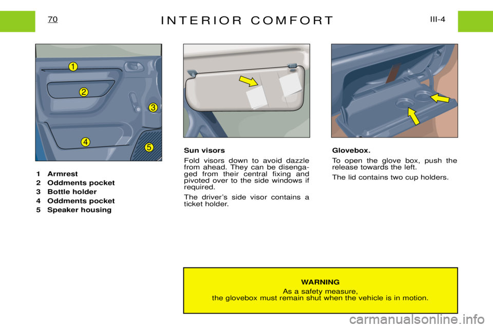 PEUGEOT EXPERT DAG 2001 Manual Online INTERIOR COMFORTIII-4
70
WARNING
As a safety measure,
the glovebox must remain shut when the vehicle is in motion.
1 Armrest
2 Oddments pocket
3 Bottle holder
4 Oddments pocket
5 Speaker housing
Sun PEUGEOT EXPERT DAG 2001 Manual Online INTERIOR COMFORTIII-4
70
WARNING
As a safety measure,
the glovebox must remain shut when the vehicle is in motion.
1 Armrest
2 Oddments pocket
3 Bottle holder
4 Oddments pocket
5 Speaker housing
Sun