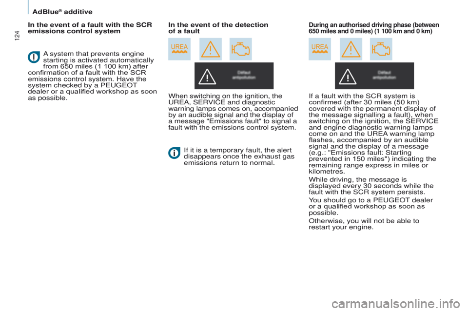 PEUGEOT PARTNER 2014  Owners Manual 124
Partner-2-VU_en_Chap07_Verification_ed02-2014
In the event of a fault with the SCR 
emissions control systemWhen switching on the ignition, the 
UREA, SERVICE and diagnostic 
warning lamps comes o
