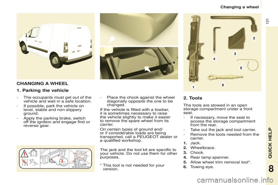 PEUGEOT PARTNER 2014  Owners Manual 131
Partner-2-VU_en_Chap08_Aide-rapide_ed02-2014
1. Parking the vehicle
- The occupants must get out of the 
vehicle and wait in a safe location.
-
 
If possible, park the vehicle on 
level, stable an